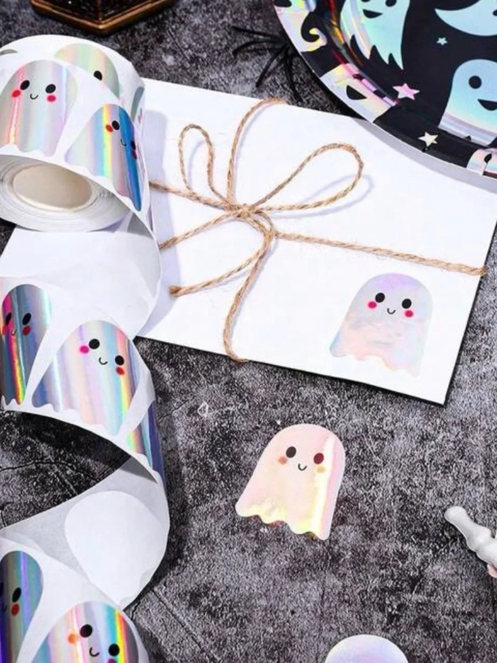 Holographic Ghost Sticker Roll - Iridescent White Ghost Labels (500 pcs)